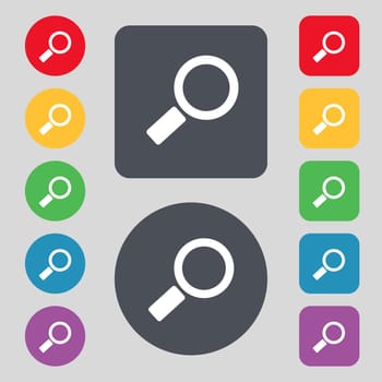 Magnifier glass sign icon. Zoom tool button. Navigation search symbol. Set colourful buttons illustration