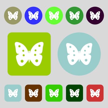 Butterfly sign icon. insect symbol.12 colored buttons. Flat design. illustration