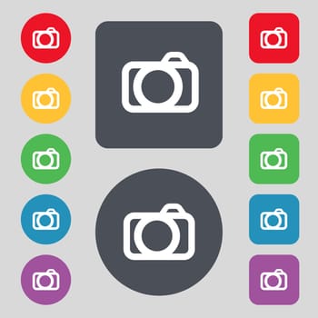 Photo camera sign icon. Digital photo camera symbol. Set colourful buttons. illustration