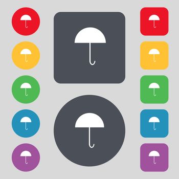 Umbrella sign icon. Rain protection symbol. Set colourful buttons. illustration