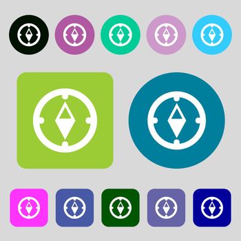 Compass sign icon. Windrose navigation symbol.12 colored buttons. Flat design. illustration