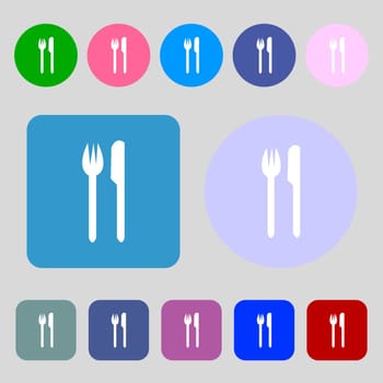 Eat sign icon. Cutlery symbol. Fork and knife.12 colored buttons. Flat design. illustration