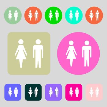WC sign icon. Toilet symbol. Male and Female toilet.12 colored buttons. Flat design. illustration