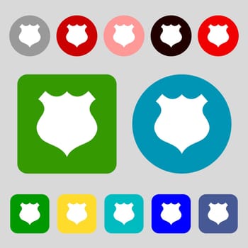 shield icon sign.12 colored buttons. Flat design. illustration