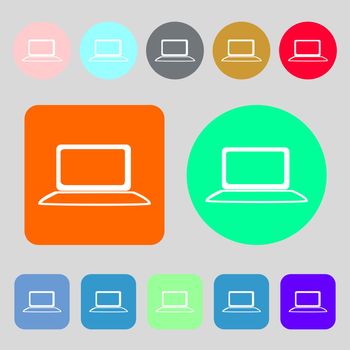 Laptop sign icon. Notebook pc with graph symbol. Monitoring.12 colored buttons. Flat design. illustration