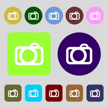 Photo camera sign icon. Digital photo camera symbol.12 colored buttons. Flat design. illustration