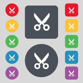 Scissors hairdresser sign icon. Tailor symbol. Set colourful buttons. illustration
