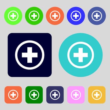 Plus sign icon. Positive symbol. Zoom in.12 colored buttons. Flat design. illustration