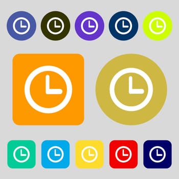 Clock sign icon. Mechanical clock symbol.12 colored buttons. Flat design. illustration