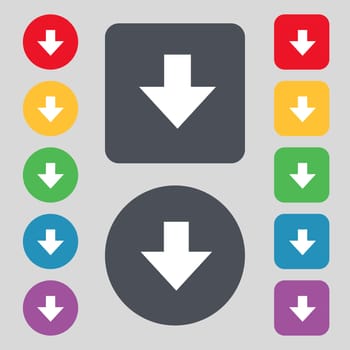 Download sign. Downloading flat icon. Load label. Set colourful buttons illustration