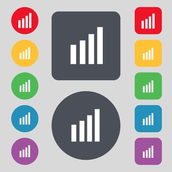 Mobile signal sign. Wi-fi symbol. Wireless Network icon. Wifi zone. Set of colour buttons. illustration