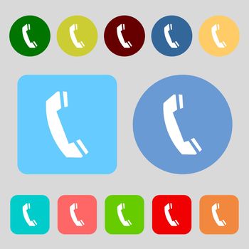 Phone sign icon. Support symbol. Call center.12 colored buttons. Flat design. illustration