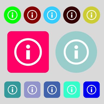 Information sign icon. Info speech bubble symbol.12 colored buttons. Flat design. illustration