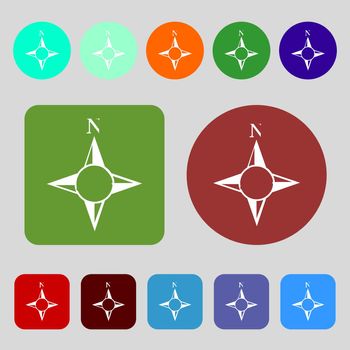 Compass sign icon. Windrose navigation symbol.12 colored buttons. Flat design. illustration