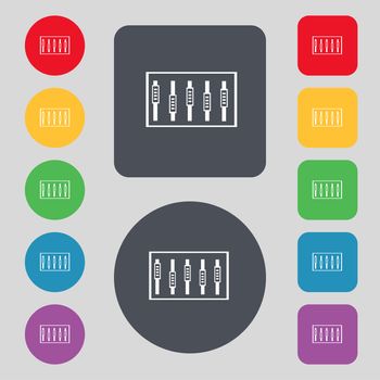 Dj console mix handles and buttons, level icons. Set of colour buttons. illustration