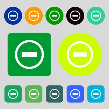 Minus sign icon. Negative symbol. Zoom out.12 colored buttons. Flat design. illustration