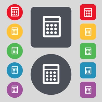 Calculator sign icon. Bookkeeping symbol. Set colour buttons. illustration