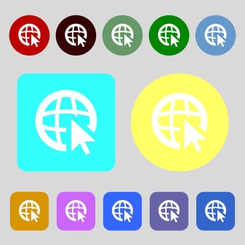 Internet sign icon. World wide web symbol. Cursor pointer.12 colored buttons. Flat design. illustration