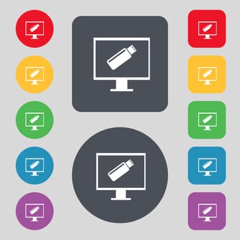 usb flash drive and monitor sign icon. Video game symbol. Set colourful buttons. illustration