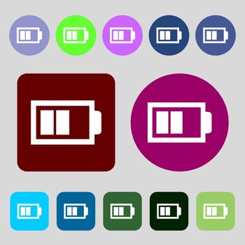Battery half level sign icon. Low electricity symbol.12 colored buttons. Flat design. illustration