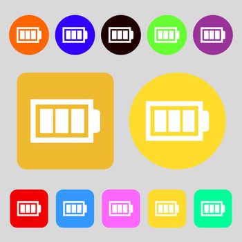 Battery fully charged sign icon. Electricity symbol.12 colored buttons. Flat design. illustration