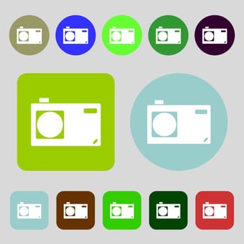 Photo camera sign icon. Digital symbol.12 colored buttons. Flat design. illustration