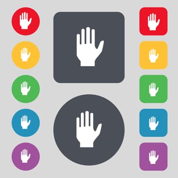 Hand print sign icon. Stop symbol. Set colour buttons. illustration