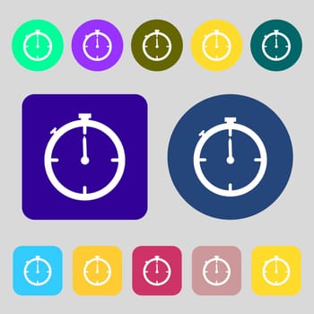 Timer sign icon. Stopwatch symbol..12 colored buttons. Flat design. illustration