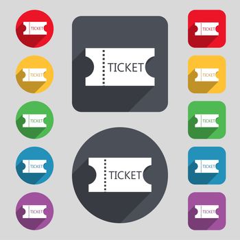 ticket icon sign. A set of 12 colored buttons and a long shadow. Flat design. 