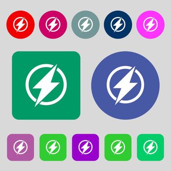 Photo flash sign icon. Lightning symbol.12 colored buttons. Flat design. illustration