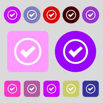 Check mark sign icon . Confirm approved symbol.12 colored buttons. Flat design. illustration