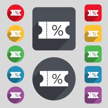 ticket discount icon sign. A set of 12 colored buttons and a long shadow. Flat design. 
