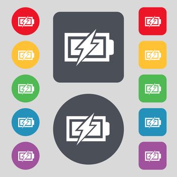 Battery charging sign icon. Lightning symbol. Set of colour buttons. Modern interface website button illustration