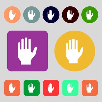 Hand print sign icon. Stop symbol.12 colored buttons. Flat design. illustration