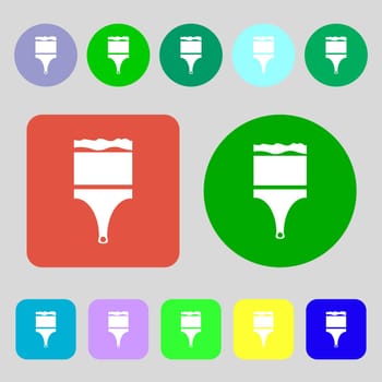 Paint brush sign icon. Artist symbol.12 colored buttons. Flat design. illustration