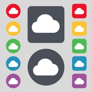 cloud icon sign. A set of 12 colored buttons. Flat design. illustration