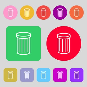 Recycle bin sign icon. Symbol.12 colored buttons. Flat design. illustration