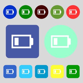 Battery low level sign icon. Electricity symbol.12 colored buttons. Flat design. illustration