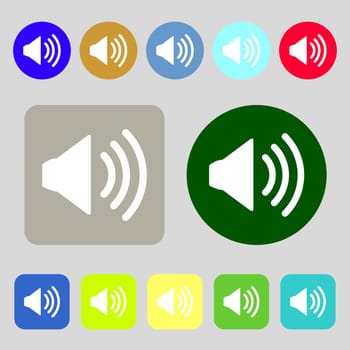 Speaker volume sign icon. Sound symbol.12 colored buttons. Flat design. illustration