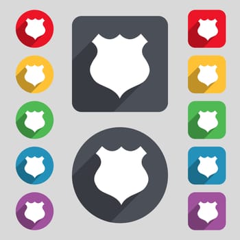 shield icon sign. A set of 12 colored buttons and a long shadow. Flat design. 