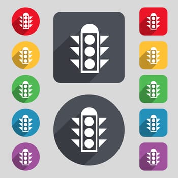 Traffic light signal icon sign. A set of 12 colored buttons and a long shadow. Flat design. 