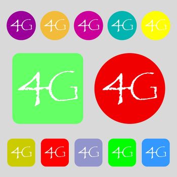 4G sign icon. Mobile telecommunications technology symbol.12 colored buttons. Flat design. illustration