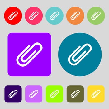 Paper clip sign icon. Clip symbol.12 colored buttons. Flat design. illustration