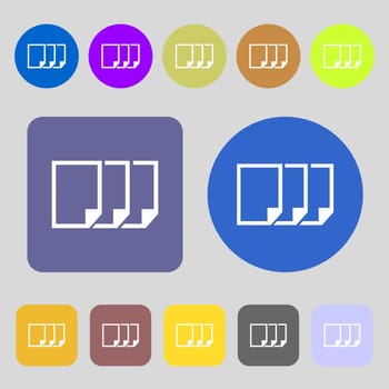 Copy file sign icon. Duplicate document symbol.12 colored buttons. Flat design. illustration