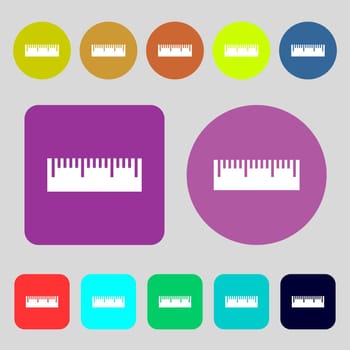Ruler sign icon. School tool symbol.12 colored buttons. Flat design. illustration