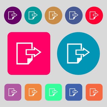 Export file icon. File document symbol.12 colored buttons. Flat design. illustration