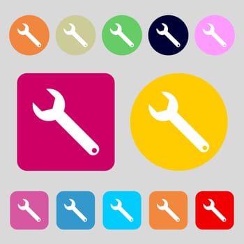 Wrench key sign icon. Service tool symbol.12 colored buttons. Flat design. illustration