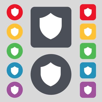 Shield, Protection icon sign. A set of 12 colored buttons. Flat design. illustration