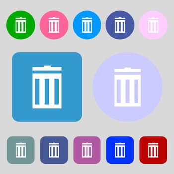 Recycle bin sign icon. Symbol.12 colored buttons. Flat design. illustration