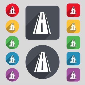 Road icon sign. A set of 12 colored buttons and a long shadow. Flat design. 